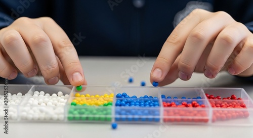 A person organizes colorful beads into separate compartments on a table.