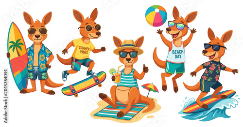 Set of cartoon kangaroos on summer vacation on transparent background. Animals surfing, skateboarding, resting on beach with cocktail and beach ball. Fun summer holiday leisure activity.