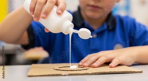 A student is carefully peeling clear adhesive tape off a cardboard sheet in a classroom setting.
