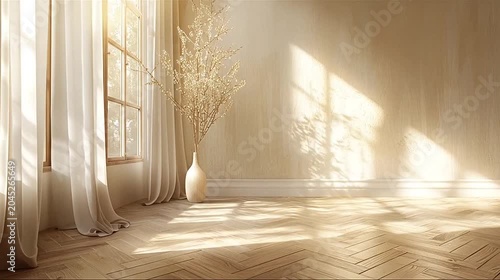Empty sunlit room with sheer curtains, a window, a vase of dried plants, and herringbone wood floor