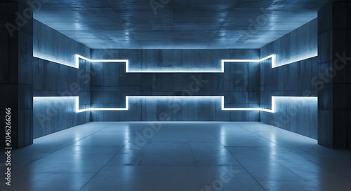 Empty square room with Backlit blue panels with concrete texture walls, polished floor in modern setup, futuristic showroom