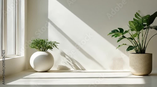Minimalist room with two potted plants, warm sunlight casting diagonal shadows on walls