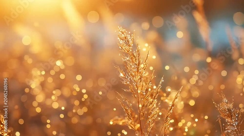 Golden hour plants with sparkling dew drops and warm bokeh lights, peaceful nature scene