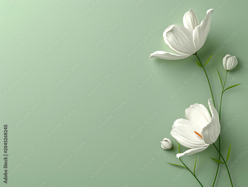 Fototapeta premium Elegant 3D white floral blossom craft providing clean pastel green text area for spring mother day greeting premium cosmetic brand landing page