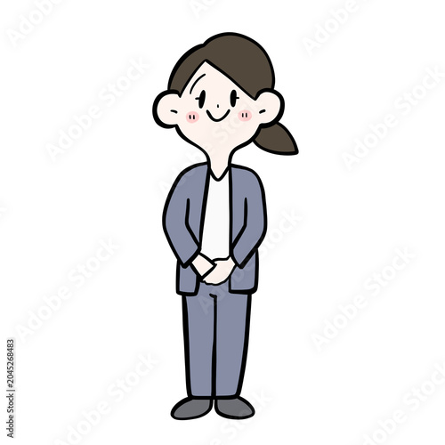 Cute businesswoman standing with hands folded, polite greeting kawaii illustration