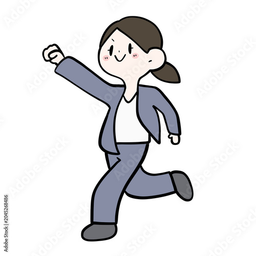 Cute businesswoman running with fist raised, energetic kawaii office illustration