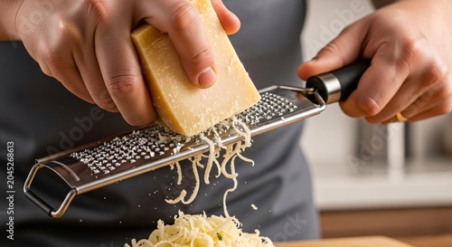 A person is grating a block of cheese with a grater in a kitchen setting.