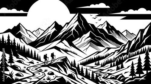 Hikers in a scenic mountain landscape with trees and sun