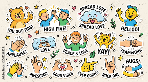 Collection of assorted colorful cartoon-style icons depicting positivity, teamwork, and celebration for a bright and uplifting design