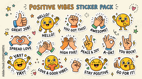 Positive Vibes Sticker Pack Featuring Fun Emoticons Giving Thumbs Up, High Five, Fist Bump, and Encouraging Gestures