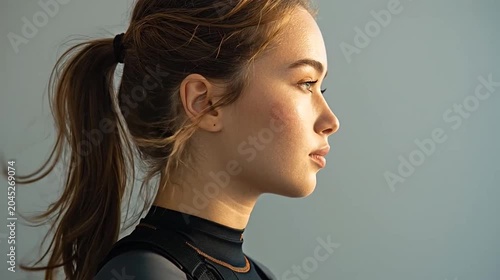 Side profile of young woman with ponytail, athletic wear, and glowing, dewy skin. Active