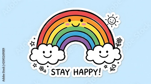 Colorful rainbow sticker with smiling clouds and sun