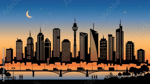 Auckland skyline silhouette at dusk with crescent moon and harbor bridge