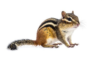 A small, striped rodent sits on a white surface, facing right. Its fur is brown, black, and orange. The tail is extended