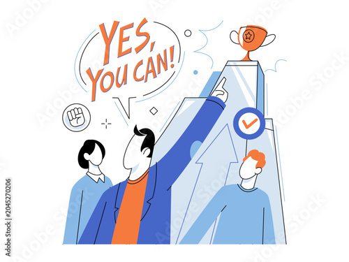 Leader points at a trophy on a peak vector illustration. Career coaching, team motivation, goal setting, business success, leadership training, personal growth. Manager gesturing to award