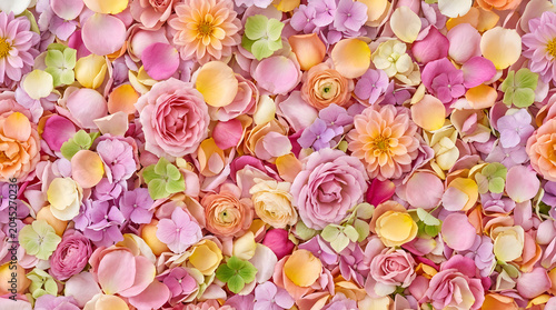 Colorful floral petals background with roses, hydrangeas and dahlia flowers full frame