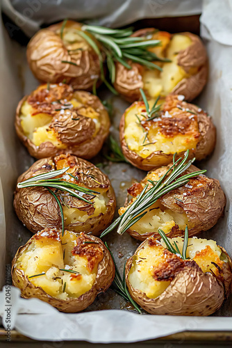 Roasted smashed potatoes with rosemary and sea salt on baking sheet.