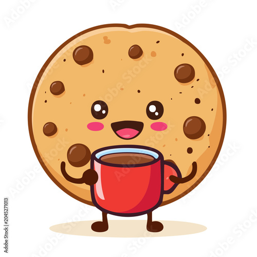 Cute Kawaii Chocolate Chip Cookie Holding a Coffee Cup
