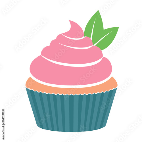 Flat design cupcake with pink frosting and green leaves