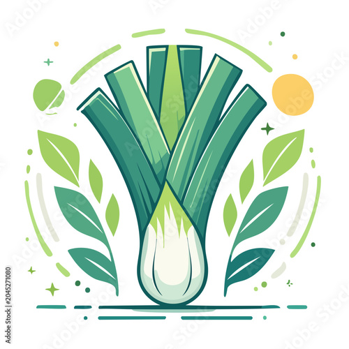 Flat design illustration of a fresh leek with leaves