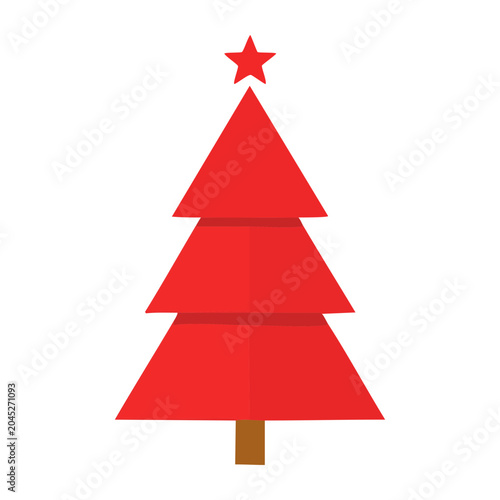 Flat design red Christmas tree with star on white background