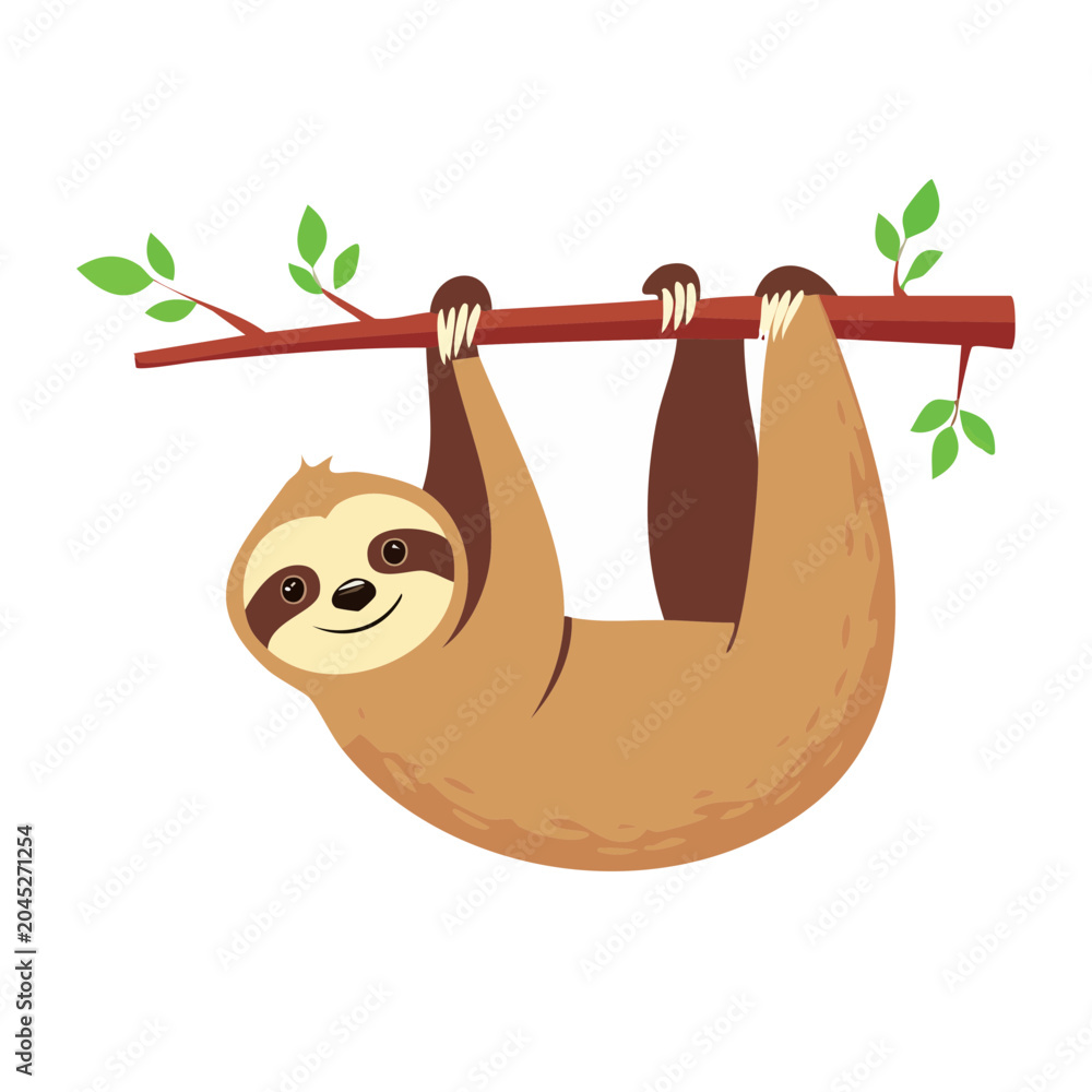 Fototapeta premium Cute sloth hanging from a tree branch, flat design illustration