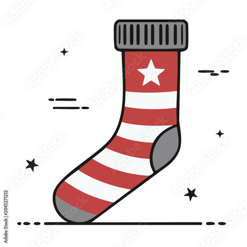 Red and white striped sock with star, flat design