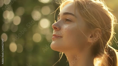 Profile of young blonde woman, eyes closed, bathed in warm golden sunlight, peaceful