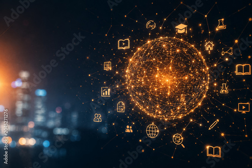 AI generated interconnected knowledge network education science research digital learning icons representing global information exchange innovation