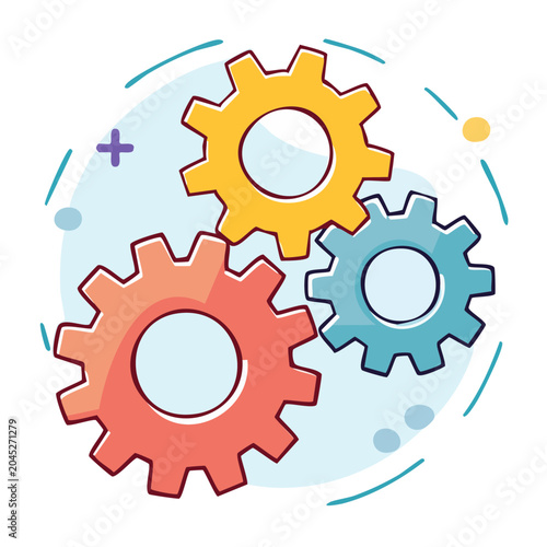 Three colorful gears interlocking