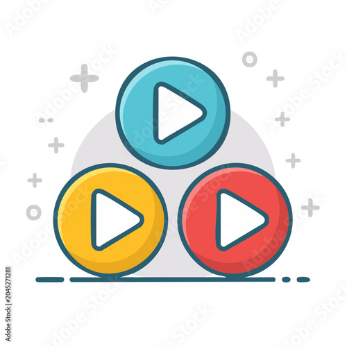 Three colorful play buttons in flat design style