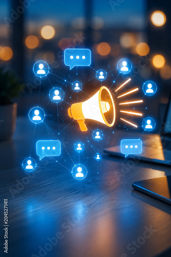 AI generated digital marketing network megaphone social communication audience engagement online messaging brand promotion connected technology