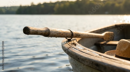 Wooden rowboat oar resting on gunwale of small boat on calm lake water at sunset, concept of summer vacation, peaceful travel, leisure activity and solitude