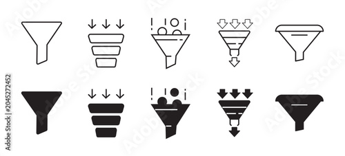 Filter icon funnel symbol. Product search sort collection . Data navigation controls collection. Line vector icon . Vector illustration