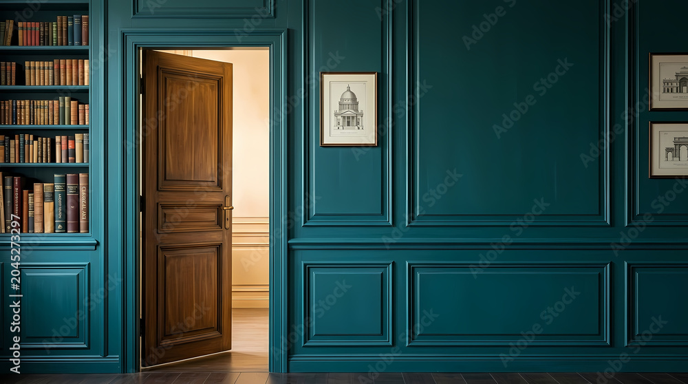 Obraz premium Interior of a room with teal walls and wooden door