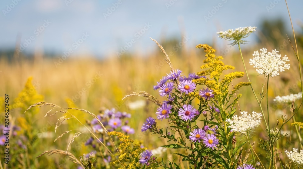 Obraz premium Wildflower Meadow with Purple Asters and Goldenrod in Late Summer Sunlight, Natural Floral Background for Seasonal Wellness and Environmental Conservation Concepts