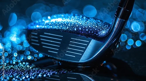 Glistening golf club head covered in luminous water drops against a vibrant blue bokeh background