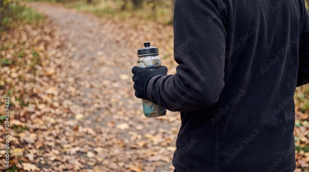 Fototapeta premium Active young man holding water bottle walking on autumn forest trail, fitness lifestyle concept, outdoor exercise in fall season, healthy habits and hydration during workout