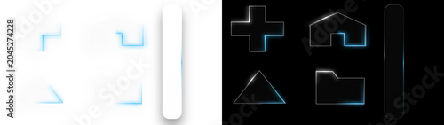 PNG image of Set of glowing glass user interface icons including house plus triangle and rectangle shapes rendered in high detail on transparent background