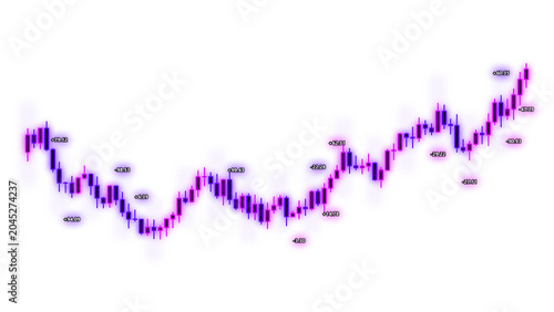 PNG image of Glowing purple and blue stock market candlestick chart display with various numeric data points shown on a transparent background