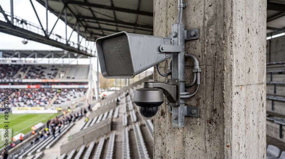 Fototapeta premium Close up of a security loudspeaker and camera unit installed on a concrete stadium wall
