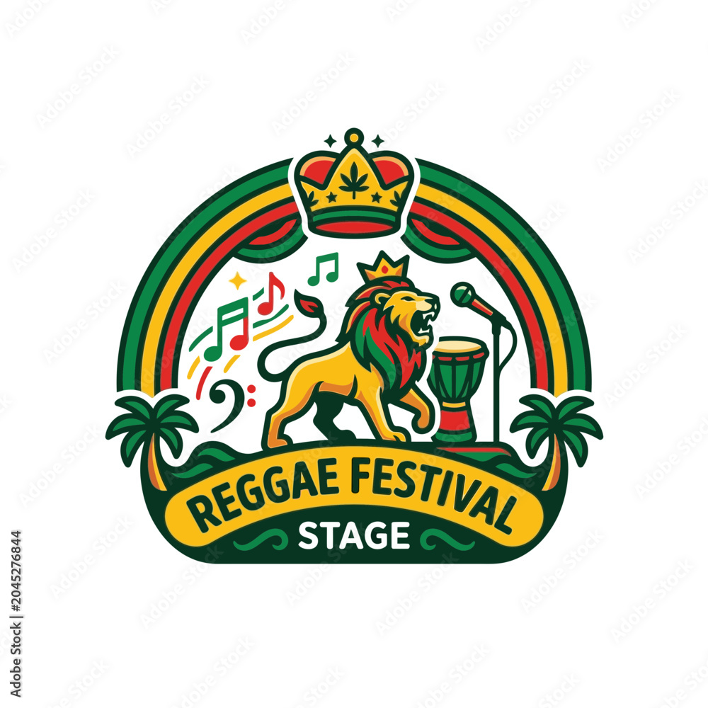 Fototapeta premium Reggae Festival Stage Icon: Lion, Crown, Djembe Drum, Microphone, Music Notes