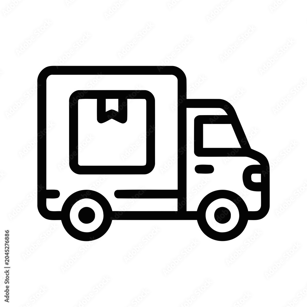 Naklejka premium Simple Outline Art Box Truck with Package Inside and Wheels