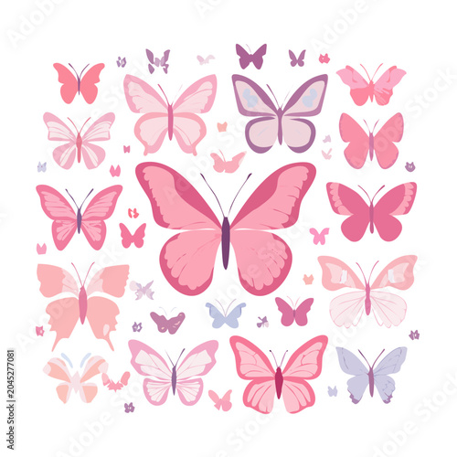 Collection of pink and purple butterflies in flat design