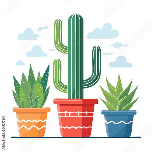 Flat design illustration of potted cactus and succulents with clouds