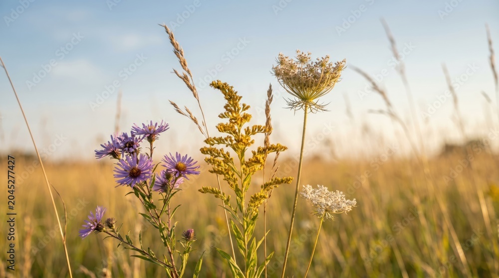 Fototapeta premium Late Summer Wildflowers in Meadow at Golden Hour, Purple Asters and Goldenrod Blooms, Natural Botanical Background for Seasonal Greeting Cards and Nature Conservation Concepts