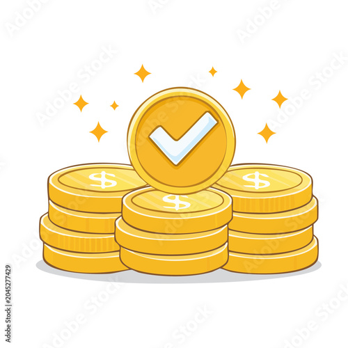 Gold coins with check mark and sparkles