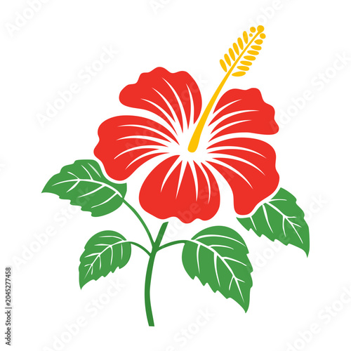Red hibiscus flower with green leaves, flat design