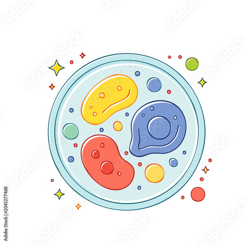 Petri dish with colorful cells and sparkles