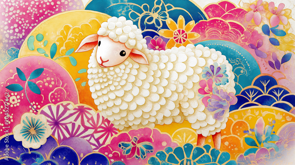 Obraz premium 2027年の年賀はがきや新年の挨拶に使いやすい和風イラスト。二匹の羊、花模様、和柄、手描き風タッチを取り入れた、迎春、賀正、正月、新春、背景素材、装飾、挿絵、表紙、テンプレート、広告、ポストカード、グリーティング、和モダン、販促物に役立つ、上品でかわいい祝賀デザイン。新年販促や挨拶状づくりに好適。新年の挨拶や贈り物にも映える意匠。新年の挨拶や贈り物にも映える意匠。新年の挨拶や贈り物にも映える意匠。